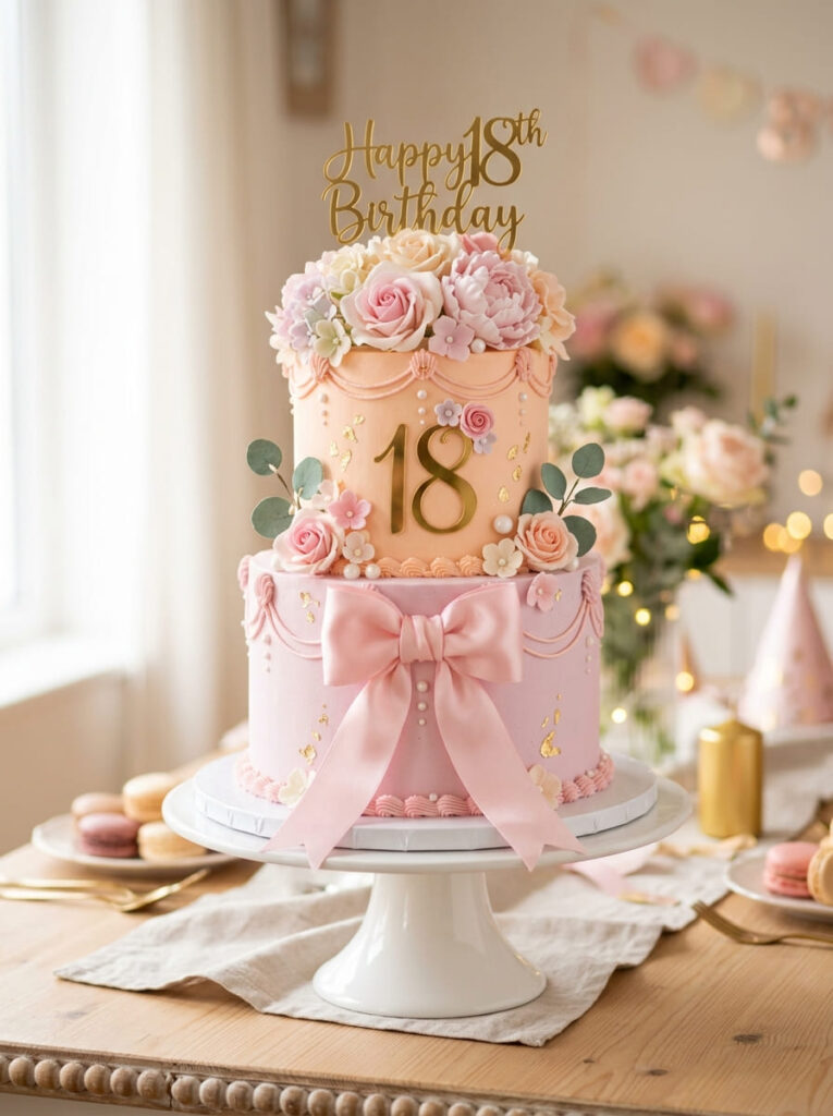 Bow 18th birthday cake with soft feminine styling