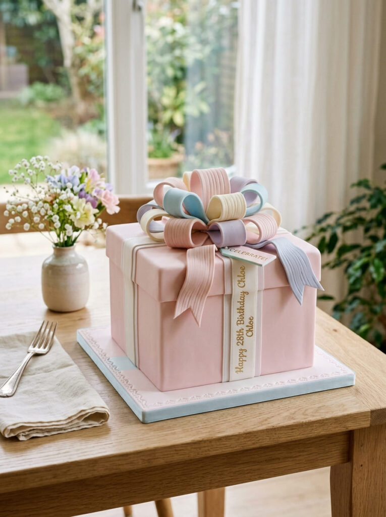 Bow box birthday cake styled like a wrapped gift