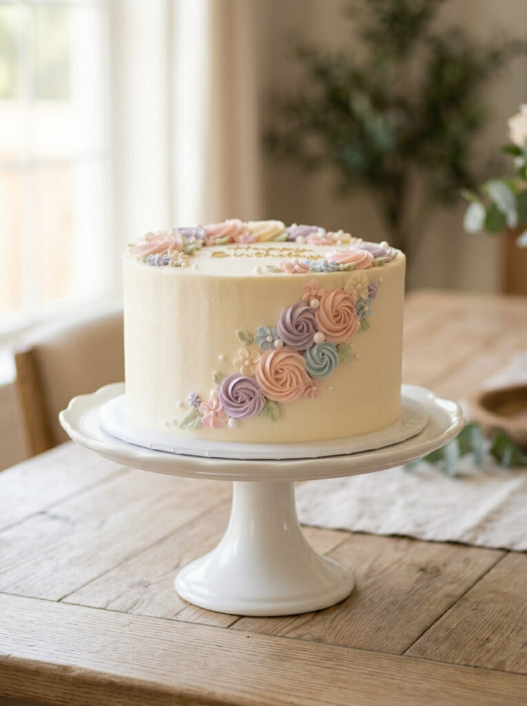 Simple round buttercream birthday cake with classic styling