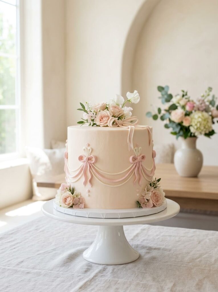 Soft buttercream ribbon cake with delicate piped swags