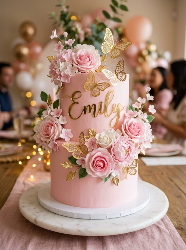 Custom name butterfly birthday cake with gold lettering