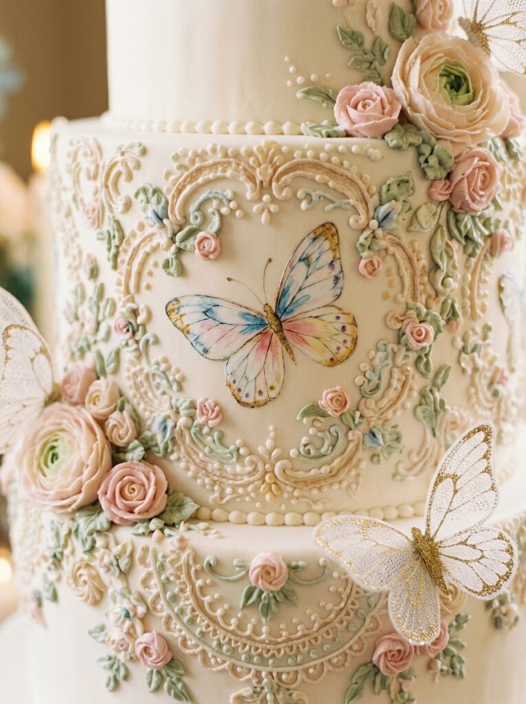 Vintage butterfly cake with intricate floral piping and lace butterflies