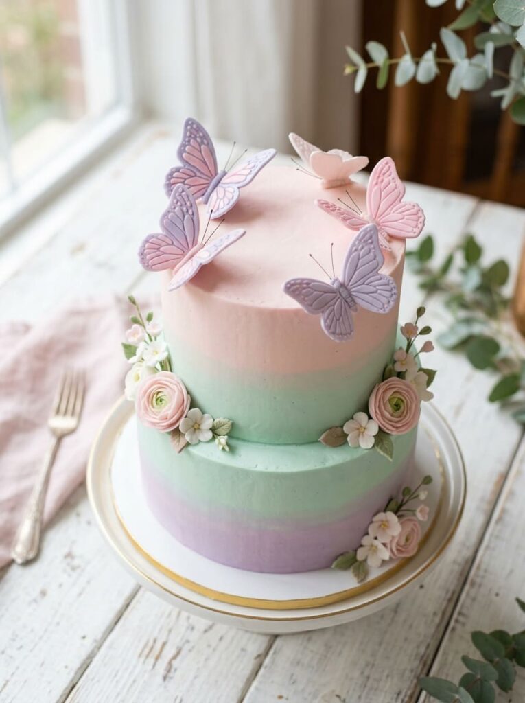 Classic pastel butterfly cake designs with soft ombre frosting
