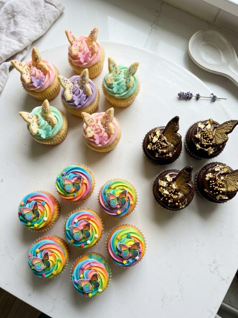 Butterfly cake color palette guide with pastel rainbow and gold options
