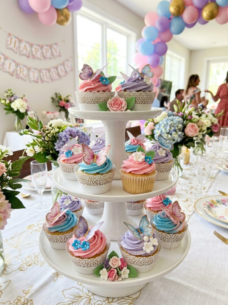 Butterfly cupcake tower with pastel frosting and butterfly toppers