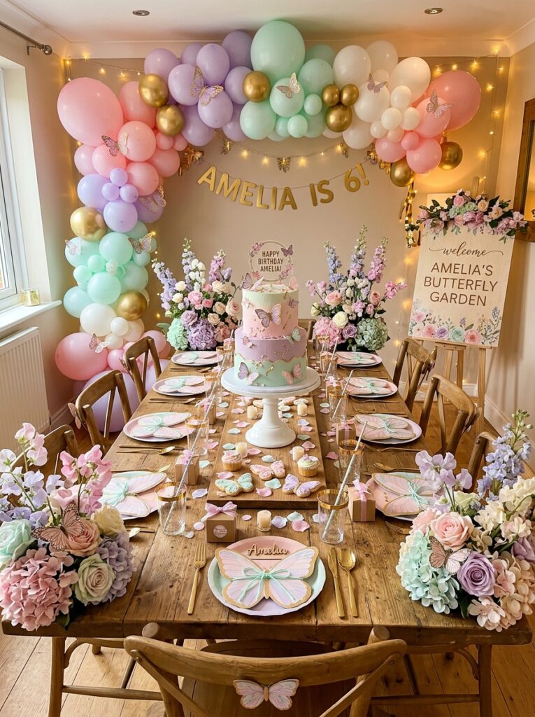 Butterfly party decor matching cake styling with balloons and signage