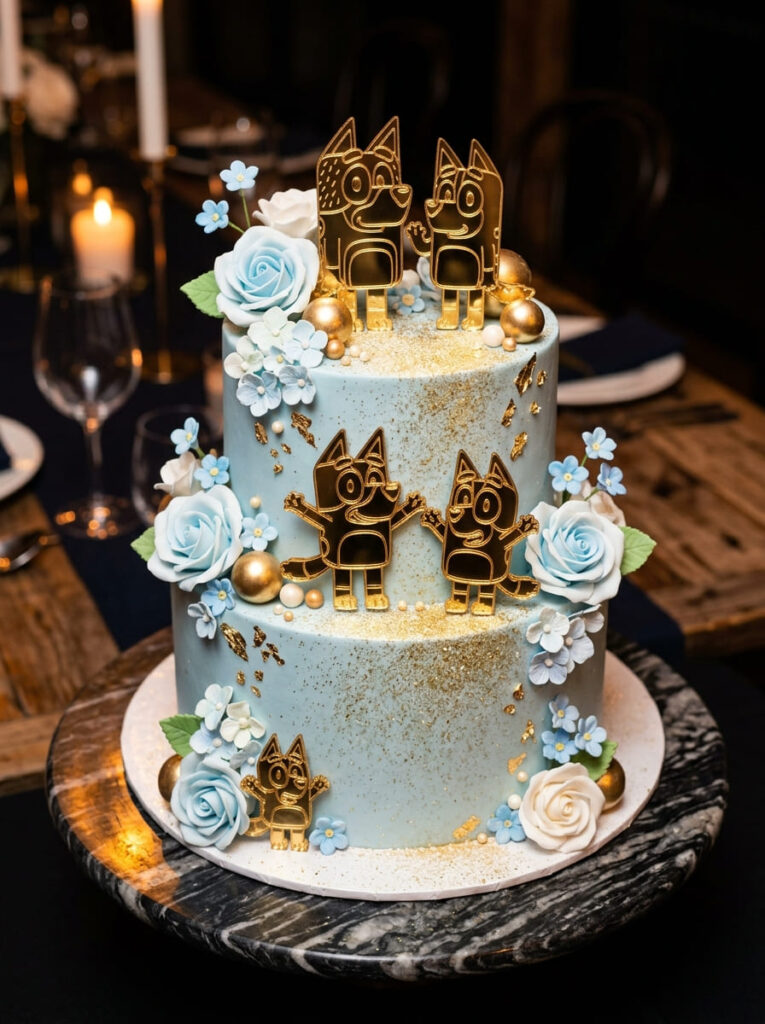 Gold metallic Bluey cake toppers on elegant cake design