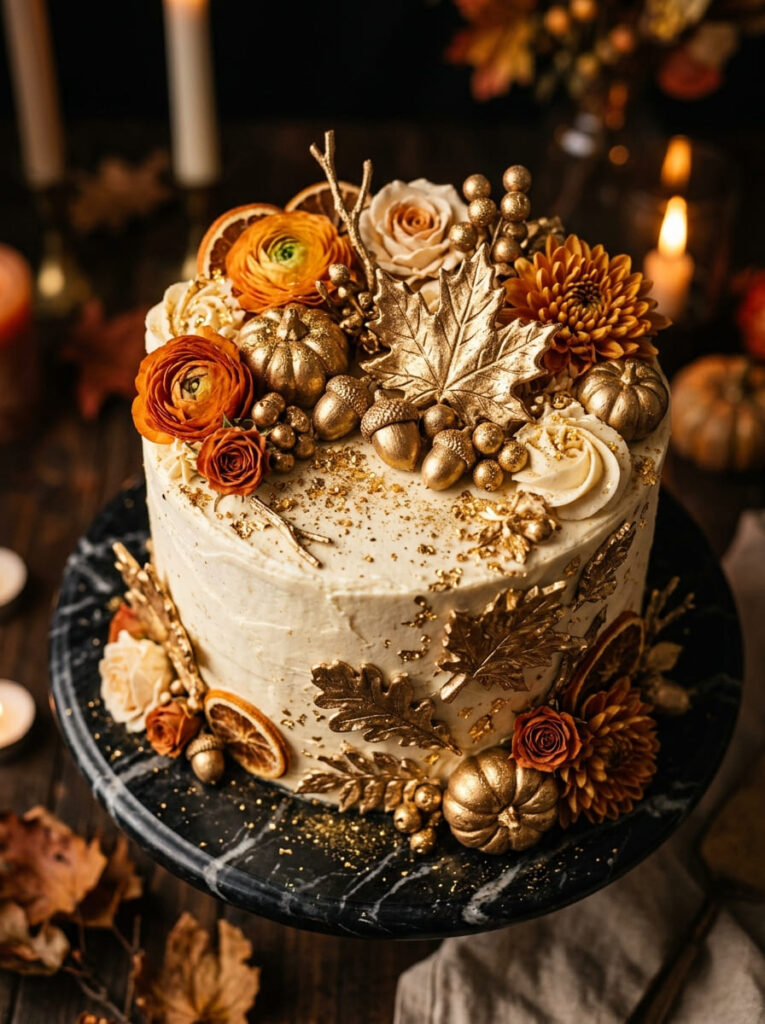 Gold metallic autumn cake toppers on elegant cake design