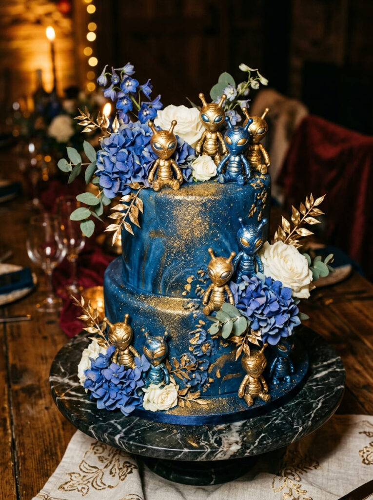 Gold metallic blue alien cake toppers on elegant cake design