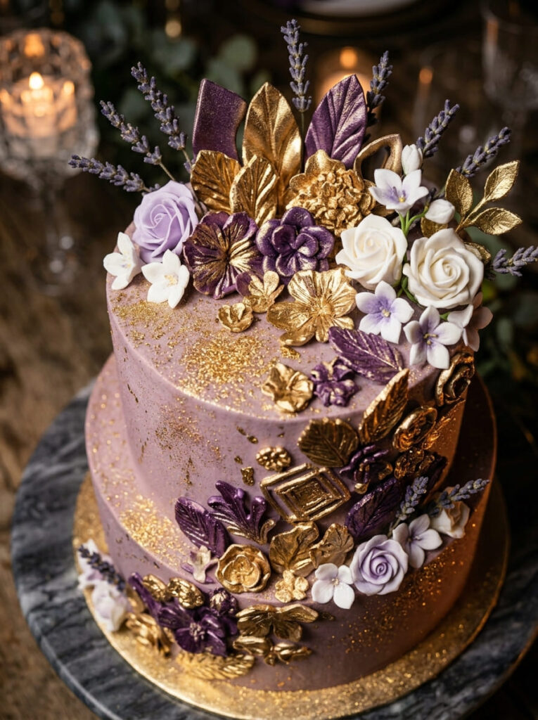 Gold metallic purple cake toppers on elegant cake design