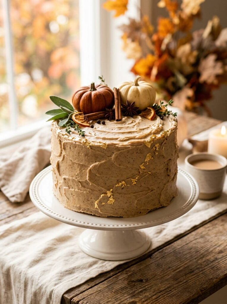 Pecan pie fall cake with nutty textures and brown butter frosting
