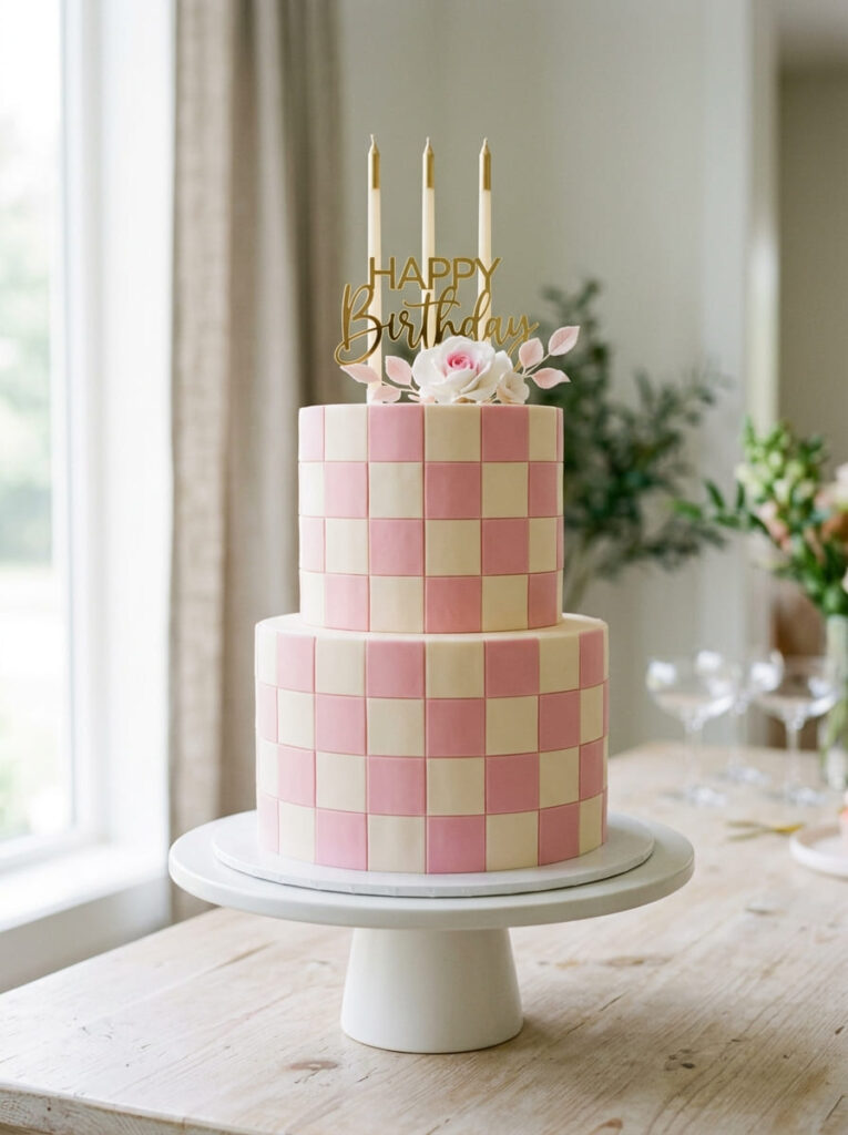 Checkered birthday cake with modern graphic pattern