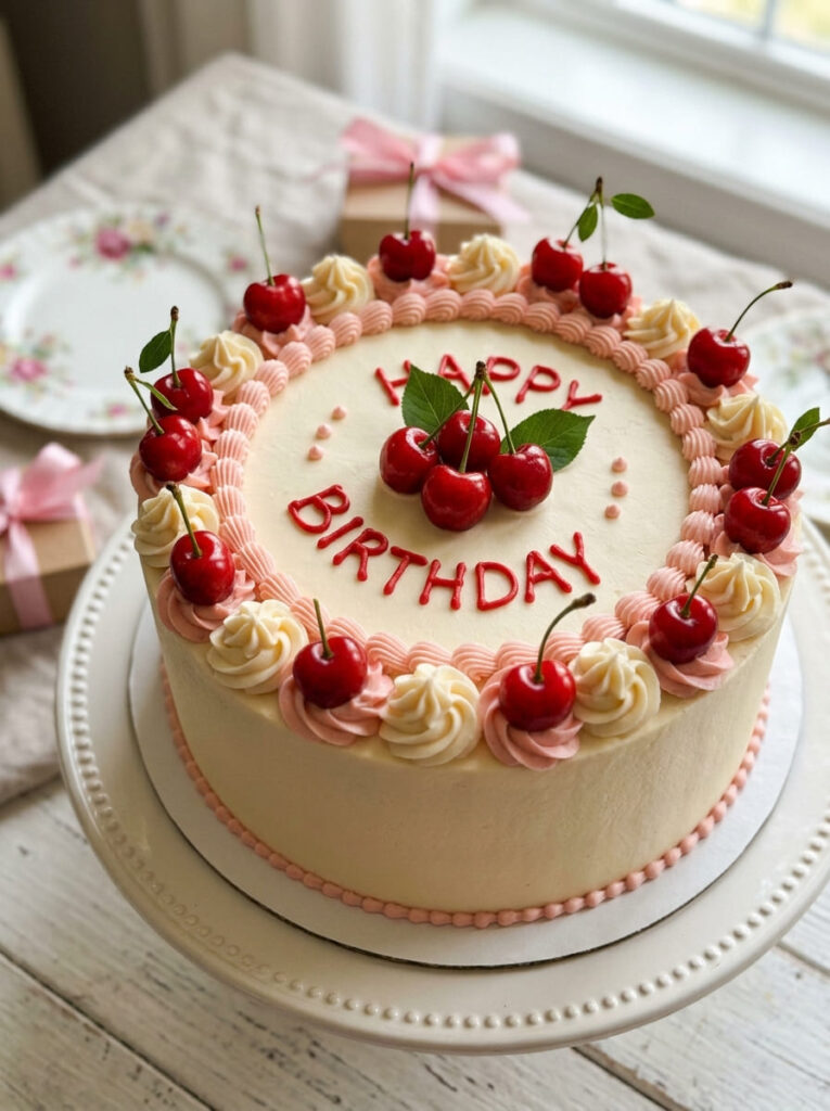 Cherry birthday cake with sweet retro styling

