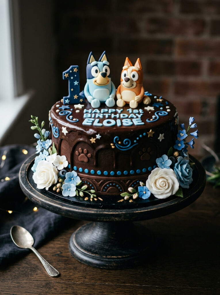Chocolate Bluey cake with elegant blue details and ganache