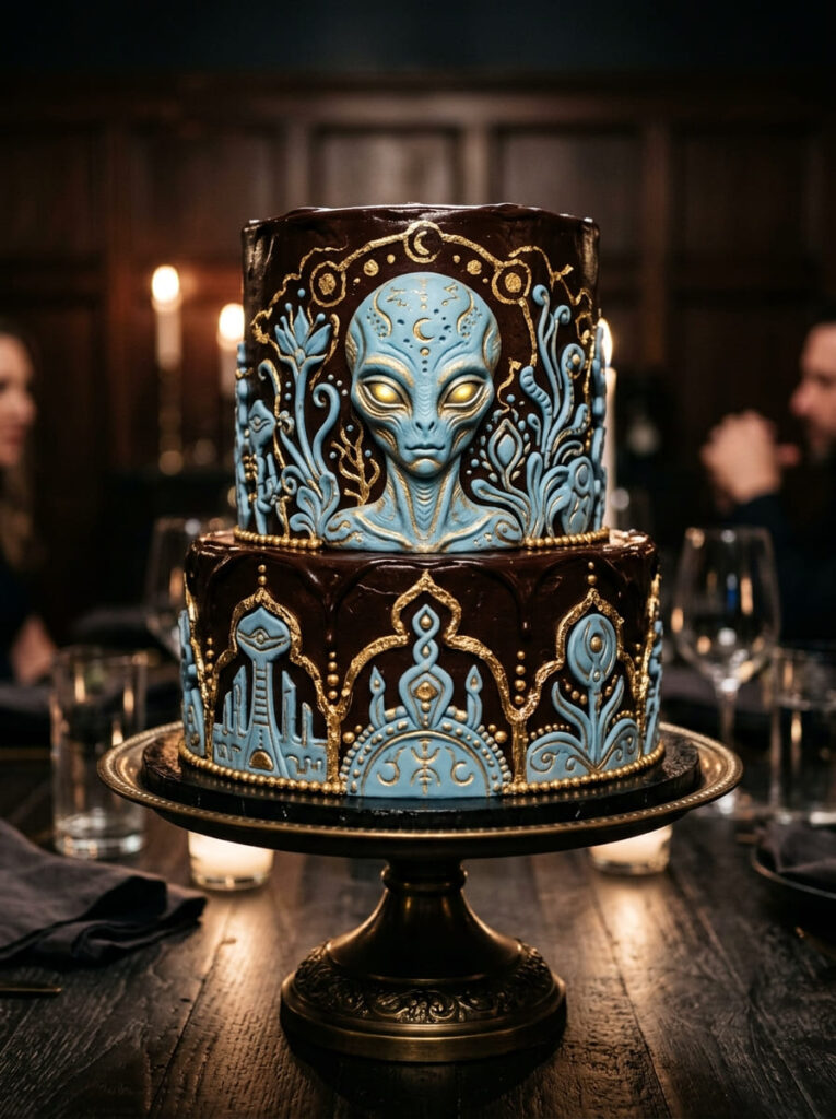 Chocolate blue alien cake with elegant details and ganache