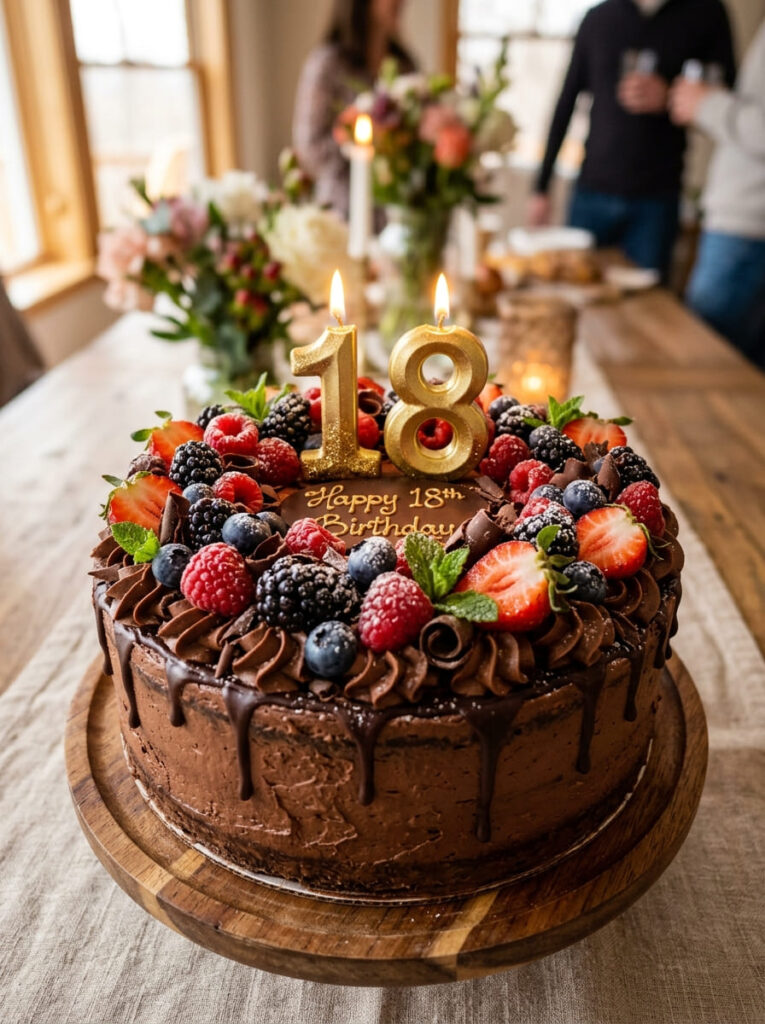 Chocolate and berry 18th birthday cake with elegant fresh fruit
