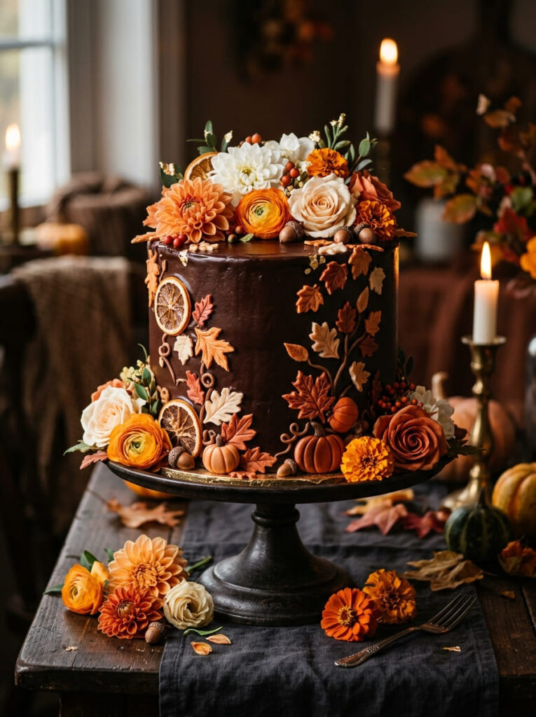Chocolate autumn cake with elegant fall details and ganache