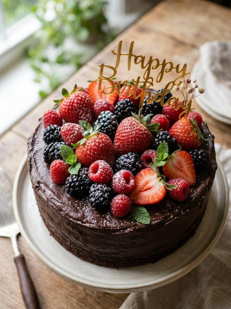 Chocolate berry birthday cake with fresh seasonal berries

