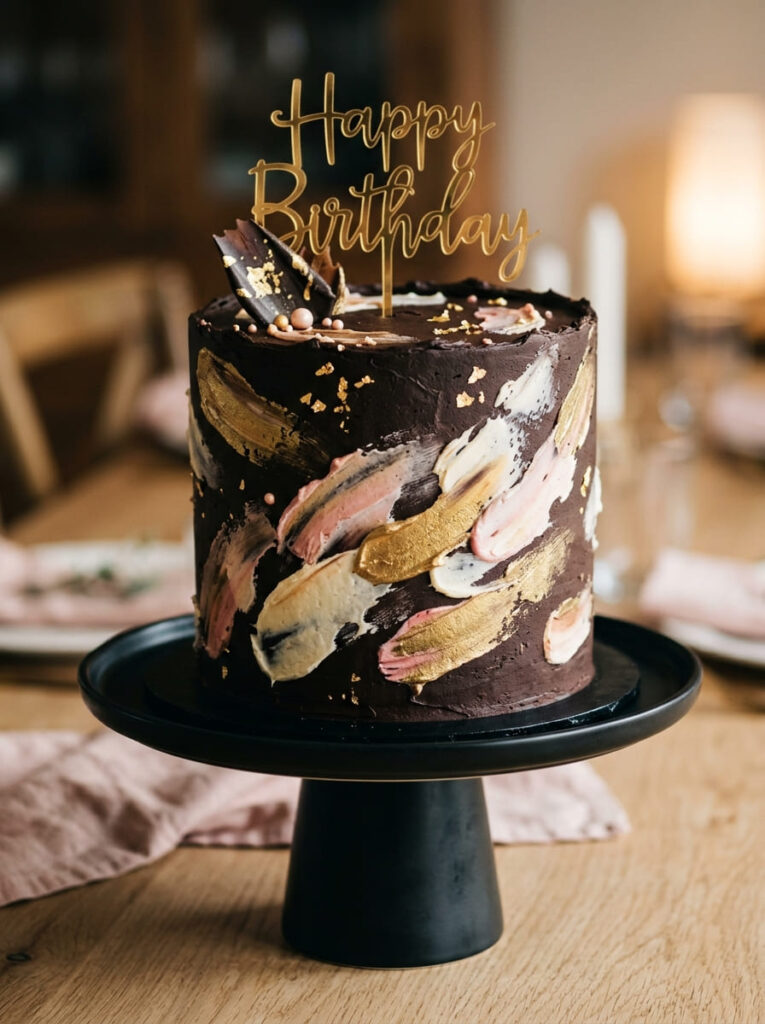 Chocolate brushstroke birthday cake with artistic painted details