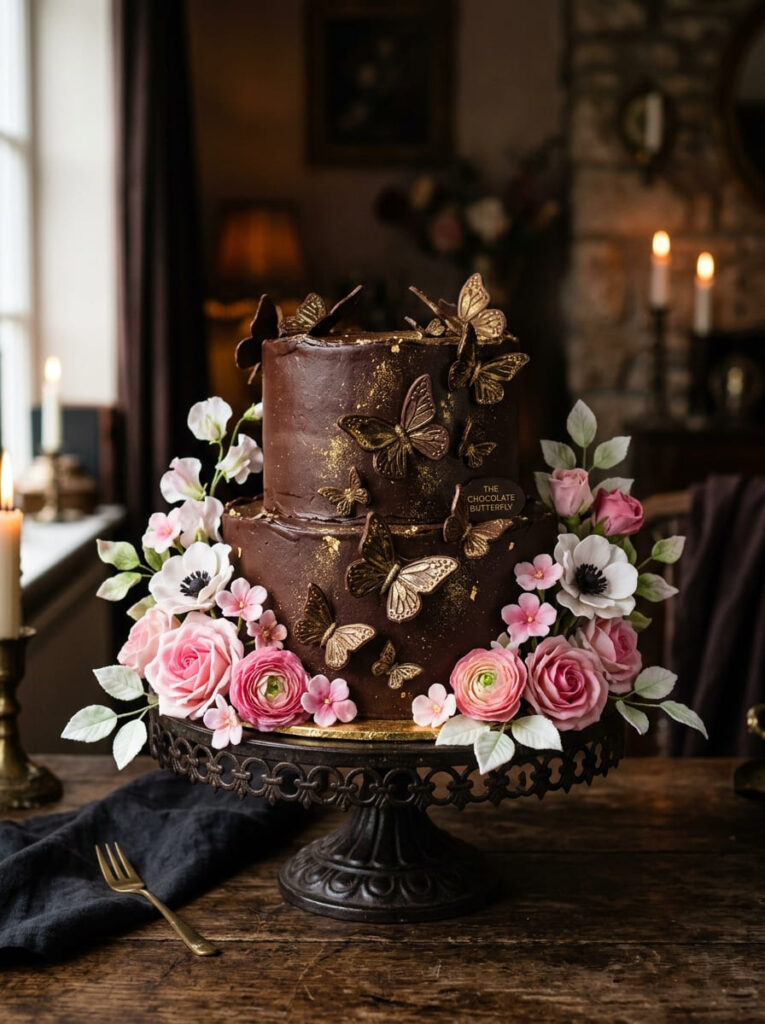 Chocolate butterfly cake with gold dust and elegant accents