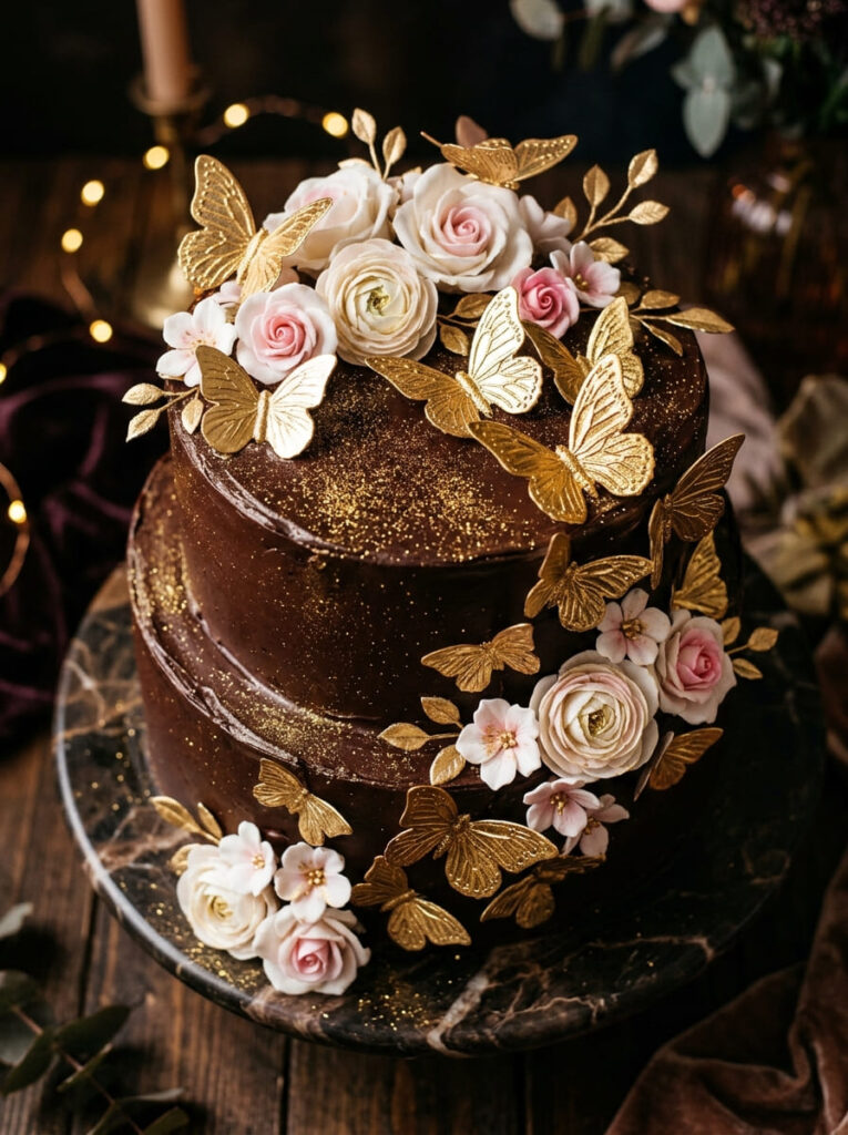 Gold metallic butterfly cake toppers on chocolate ganache cake