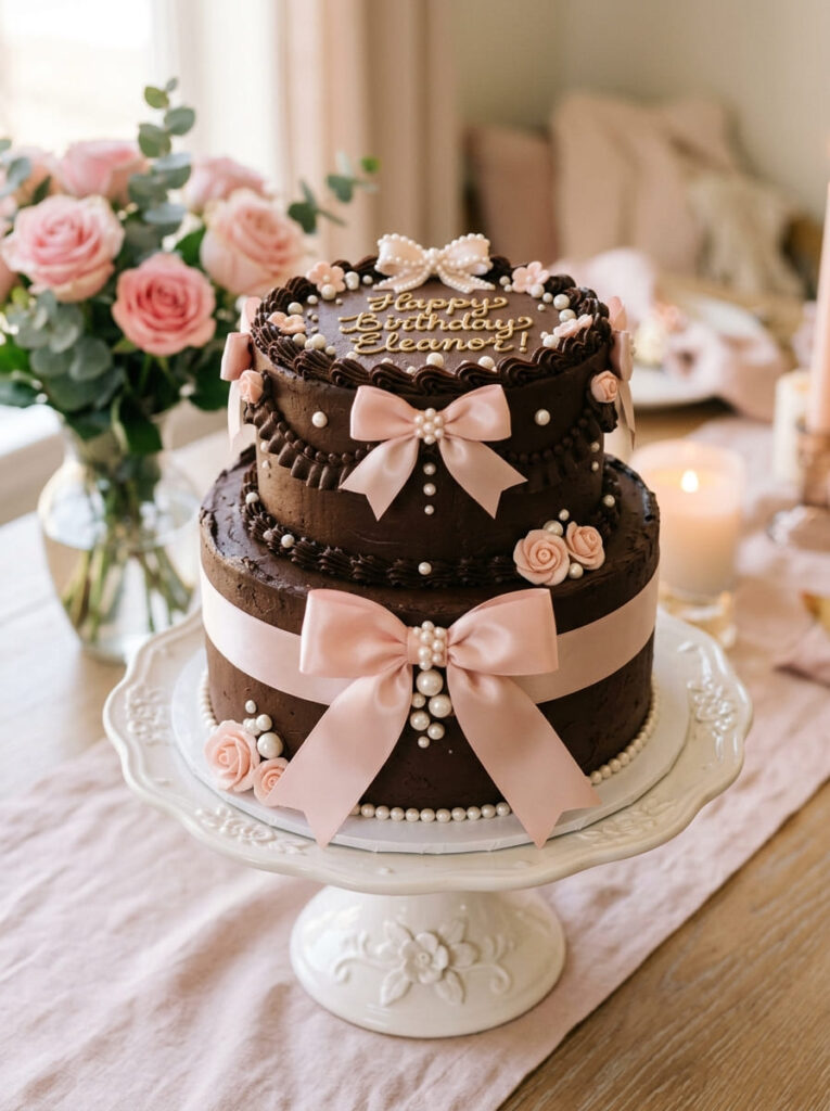 Chocolate coquette birthday cake with feminine bow details