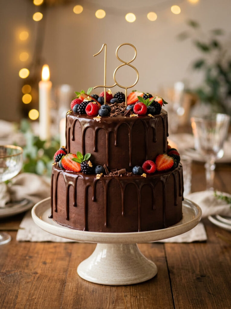 Chocolate drip 18th birthday cake with rich glossy finish