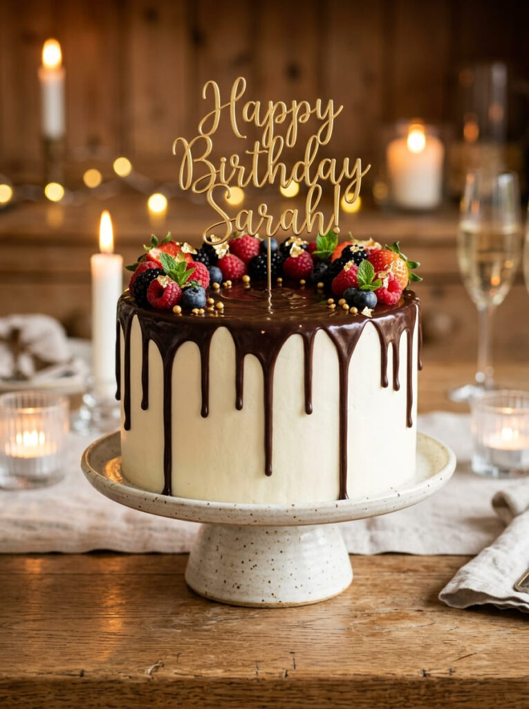  Chocolate drip birthday cake with rich glossy finish

