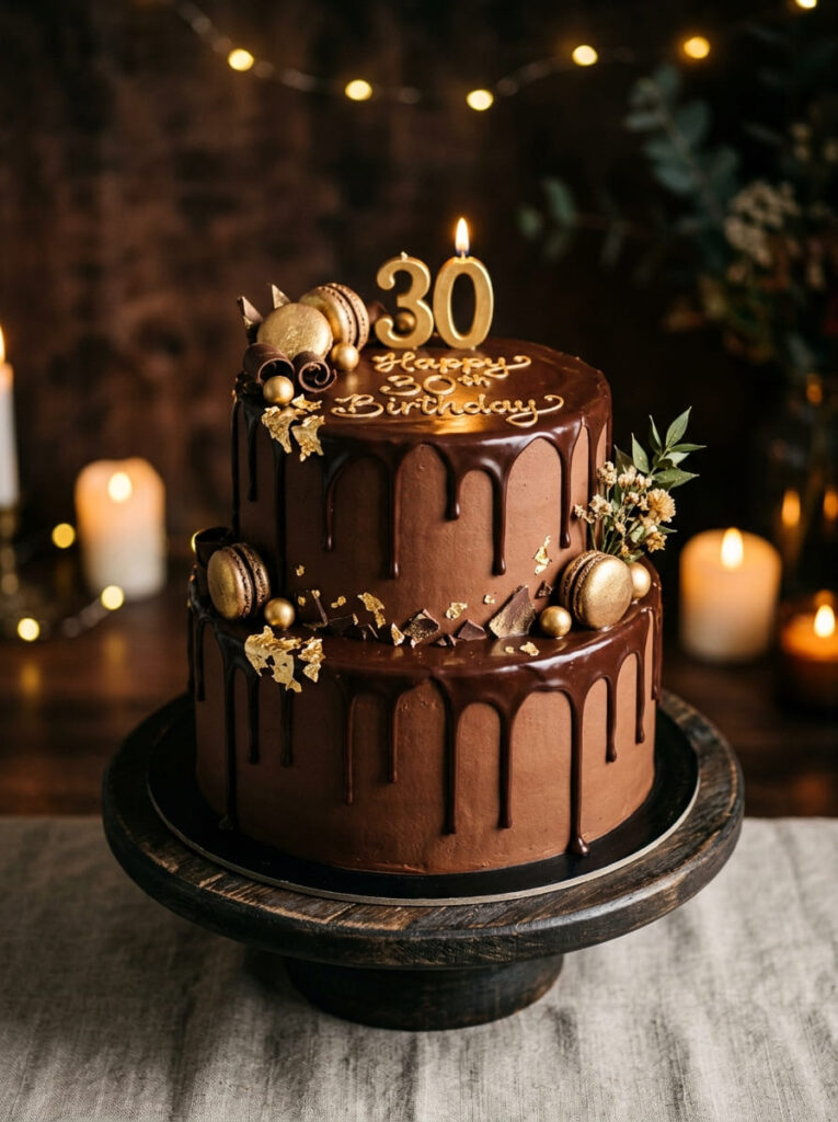 Chocolate drip aesthetic birthday cake with rich glossy finish