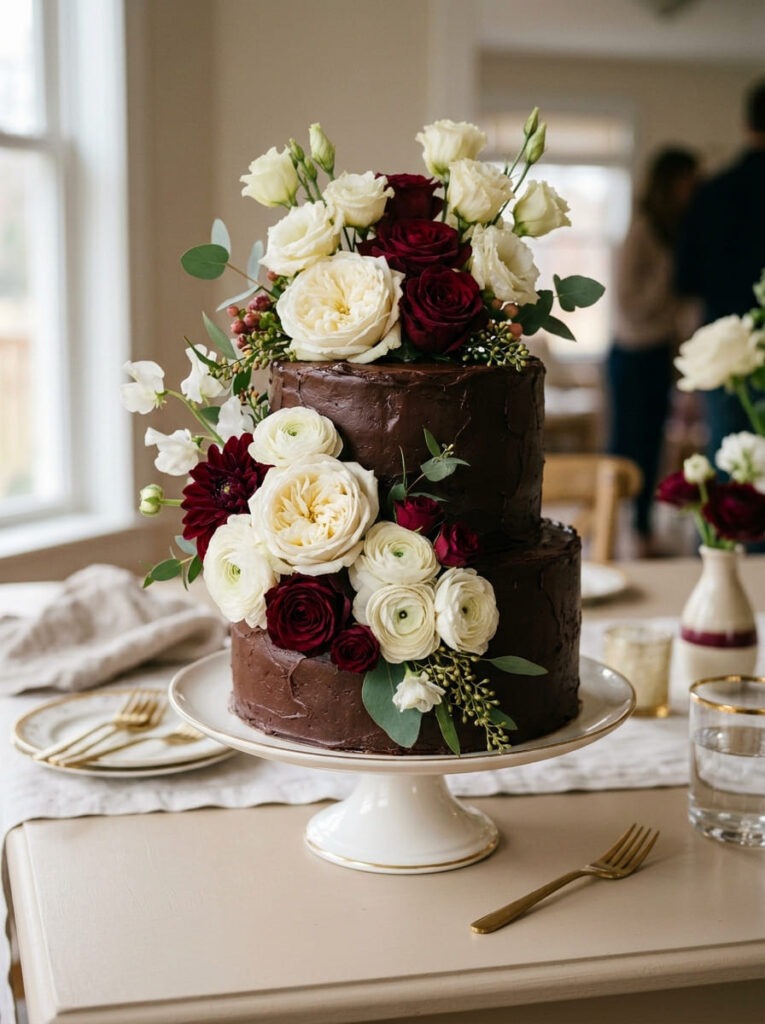 Chocolate flower birthday cake with elegant fresh blooms