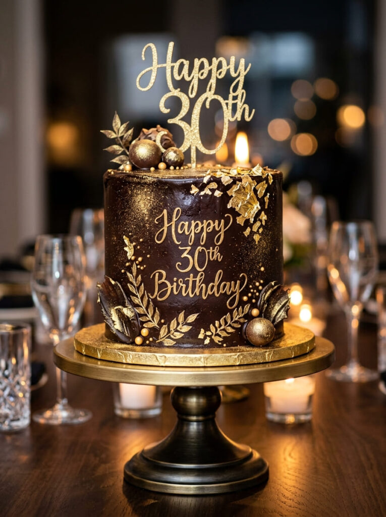 Chocolate gold birthday cake with luxurious gold accents