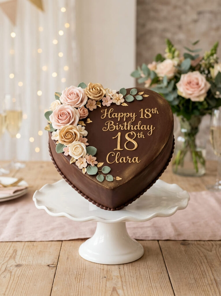 Chocolate heart 18th birthday cake with romantic elegant styling