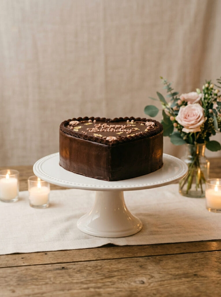 Chocolate heart birthday cake with romantic elegant design