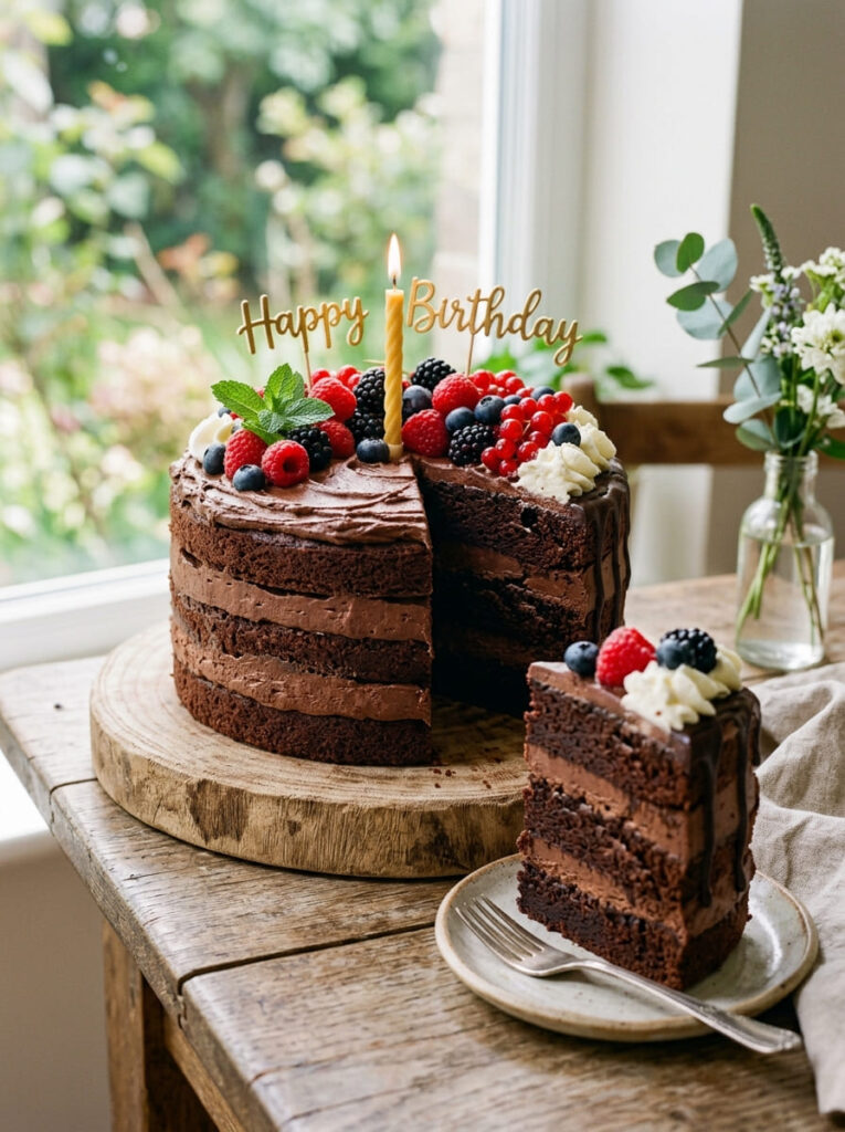 Chocolate layer birthday cake with exposed layers and berries