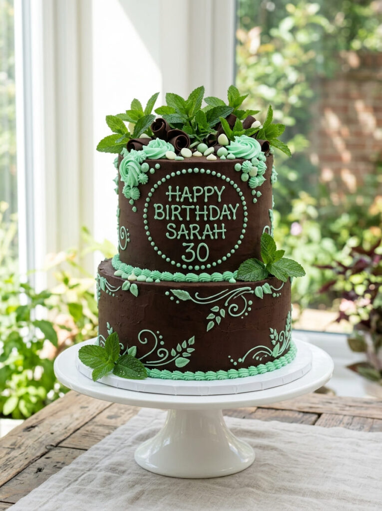 Chocolate mint birthday cake with fresh modern contrast