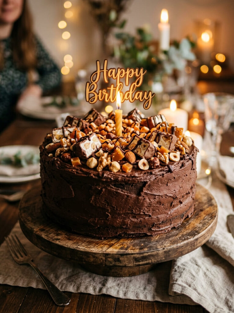 Chocolate nougat birthday cake with crunchy textured topping