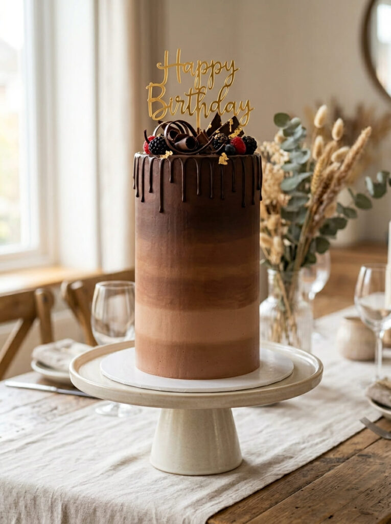 Chocolate ombre birthday cake with soft gradient colors