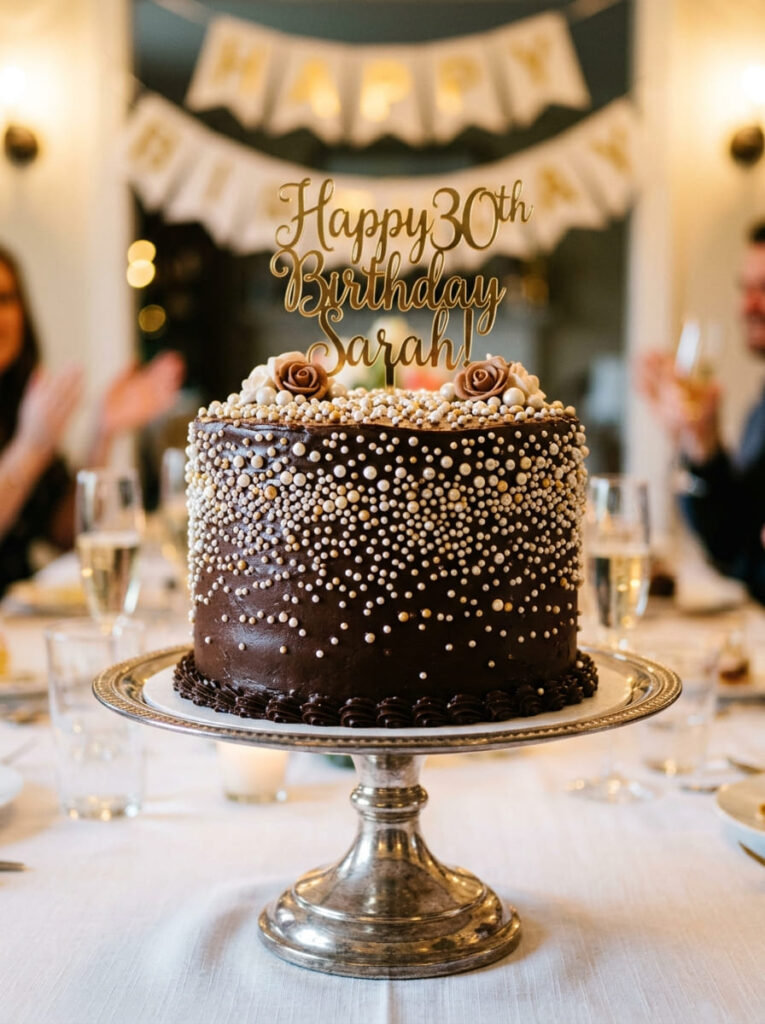 Chocolate pearl birthday cake with sparkling elegant details