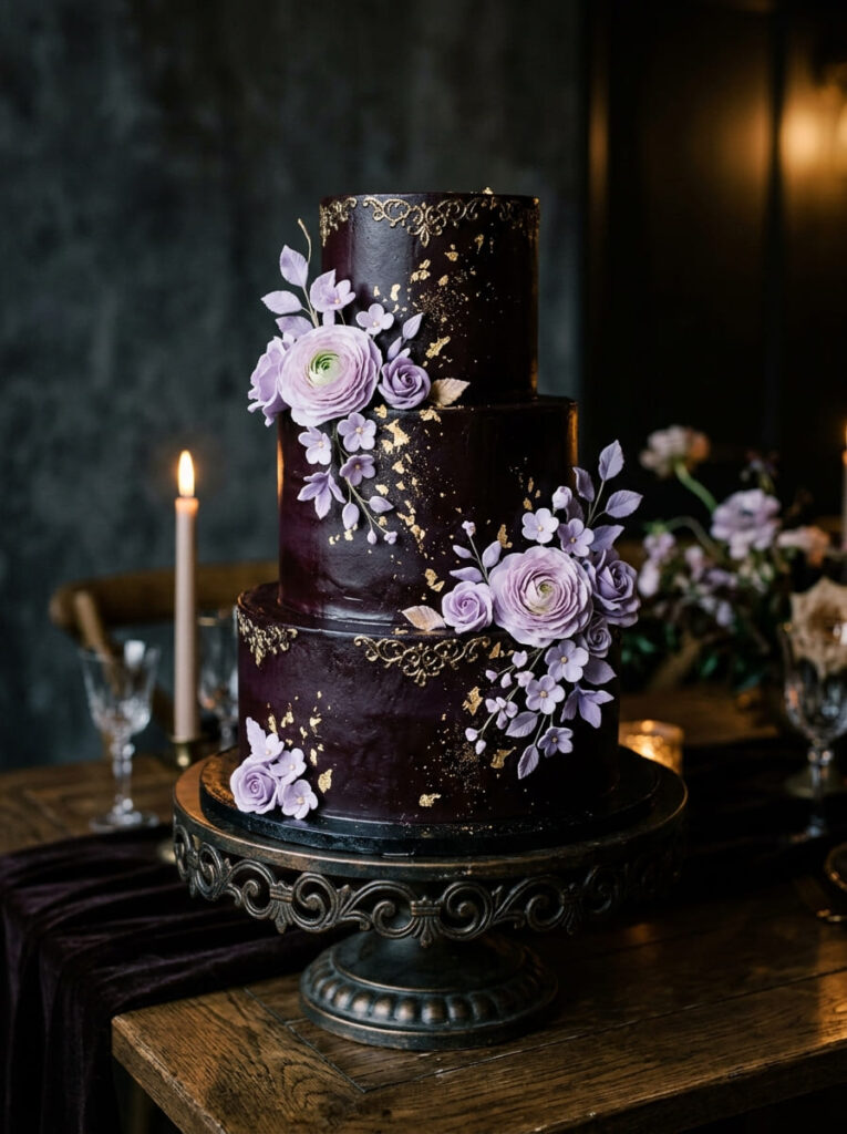 Chocolate purple birthday cake with elegant details and ganache

