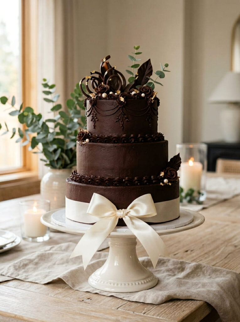 Chocolate ribbon birthday cake with elegant satin detail

