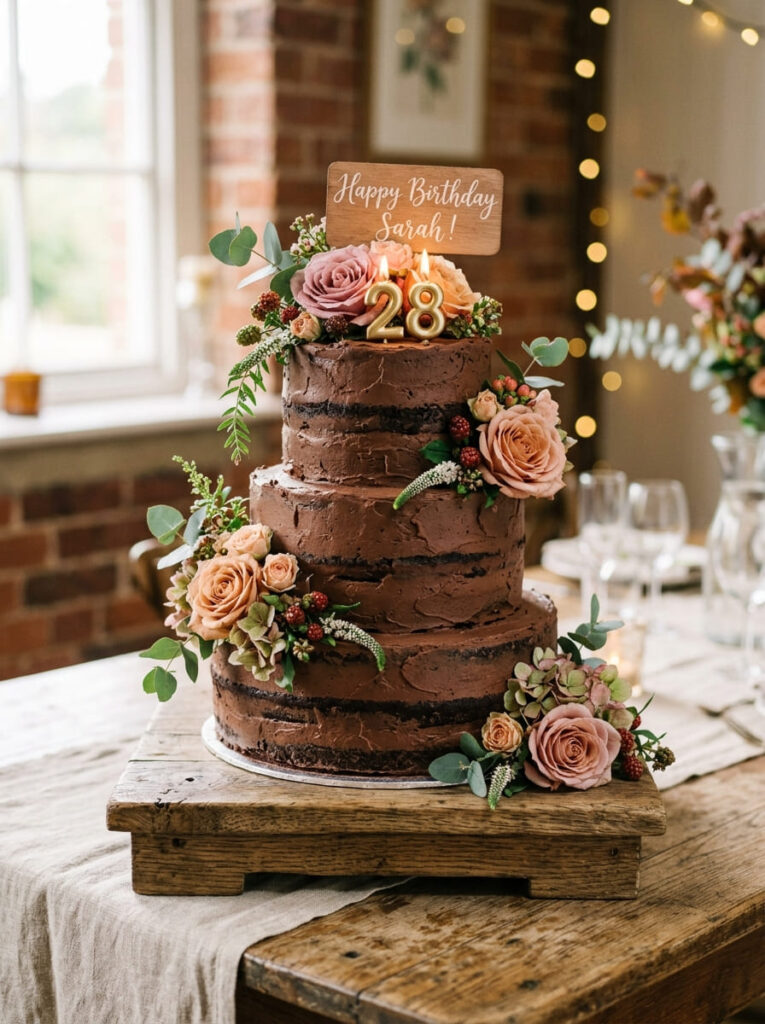 Chocolate rustic birthday cake with handcrafted texture
