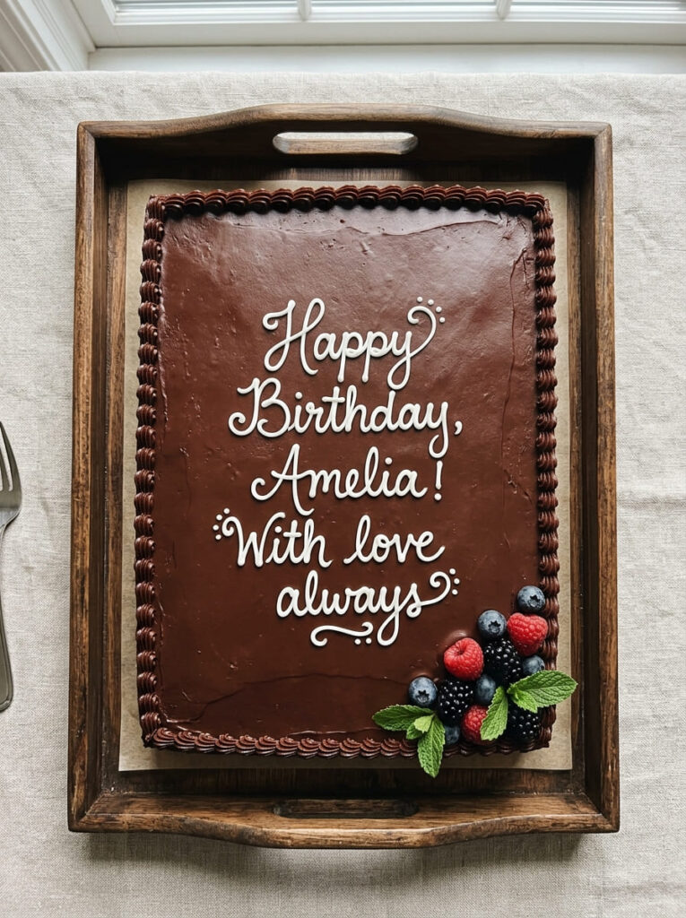 Chocolate sheet birthday cake with handwritten elegant message