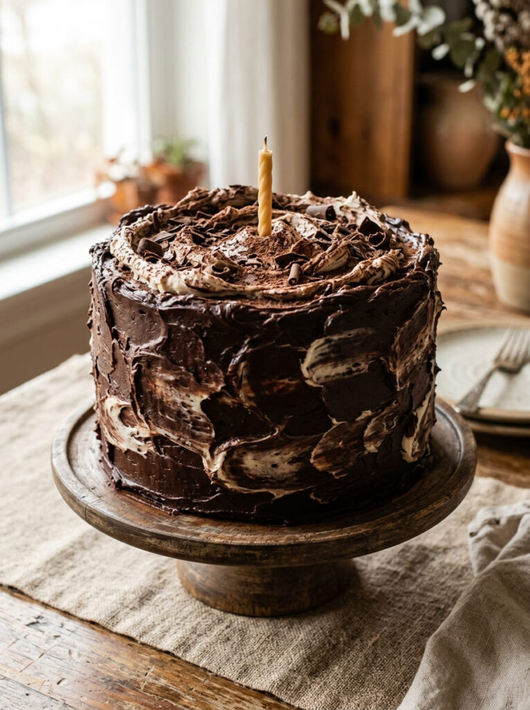 Chocolate textured birthday cake with handmade sculptural finish