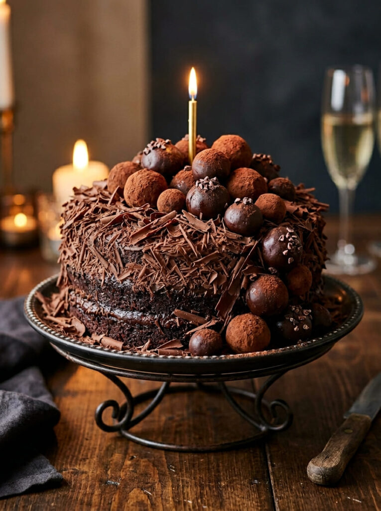 Chocolate truffle birthday cake with textured luxurious coating