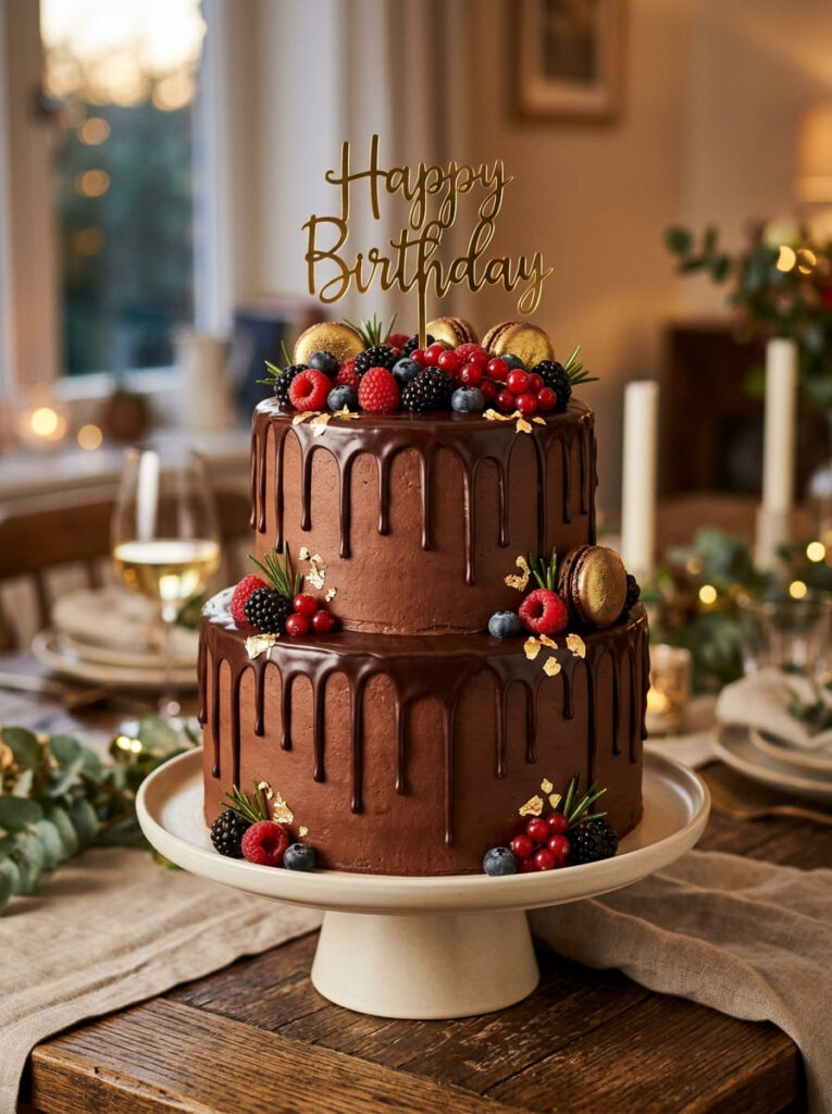 Classic chocolate drip birthday cake with rich glossy finish