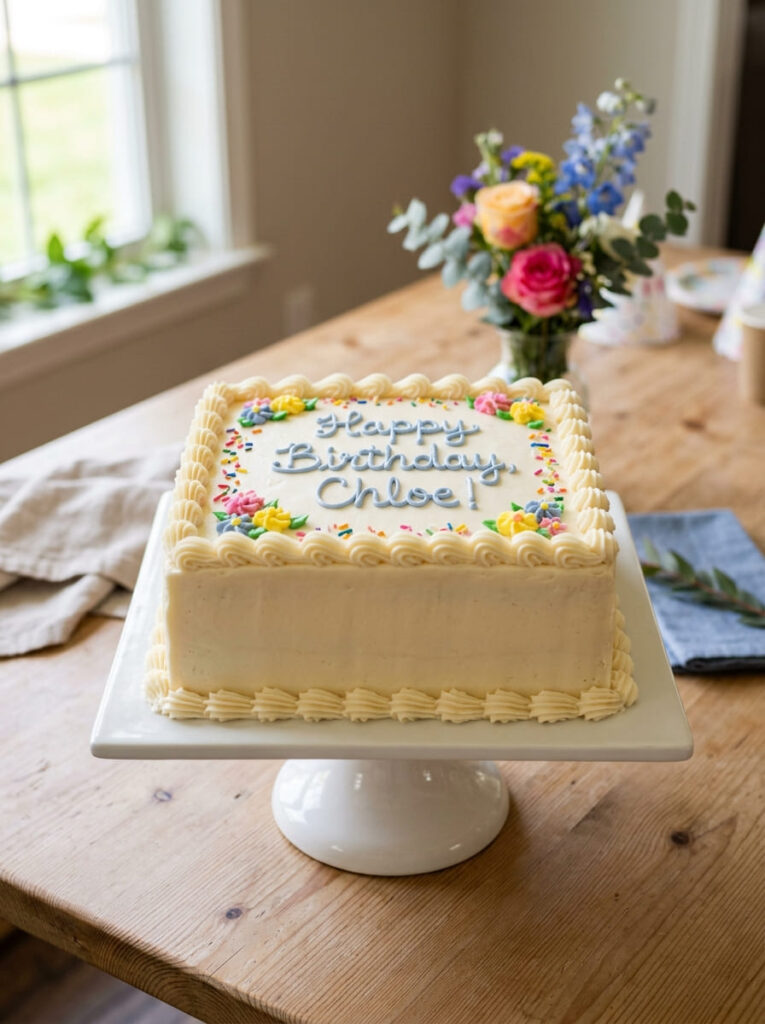 Classic square buttercream birthday cake with elegant piping