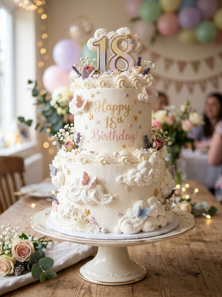 Cloud 18th birthday cake with dreamy soft styling