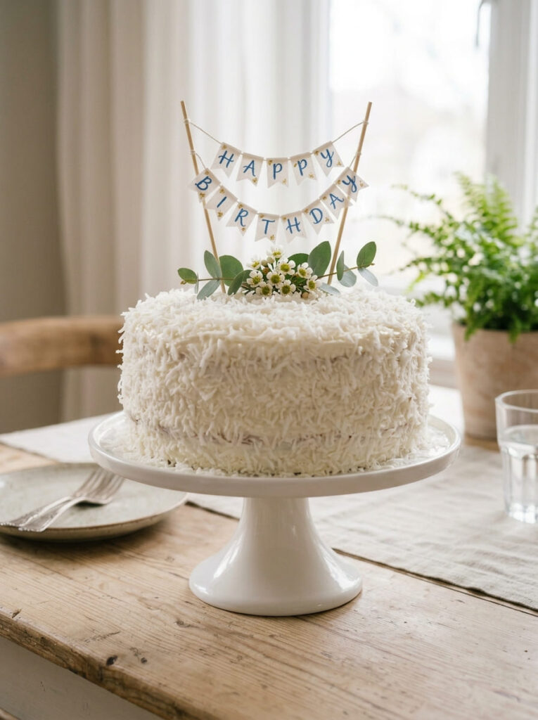 Coconut birthday cake with classic textured finish