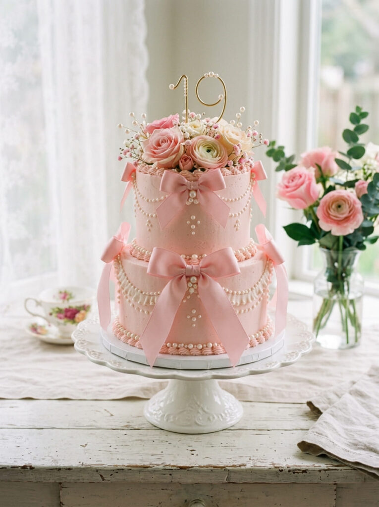 Coquette bow cake with pearls and soft pink styling