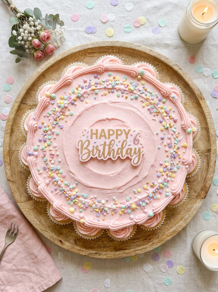 Cupcake cake arranged as a birthday centerpiece